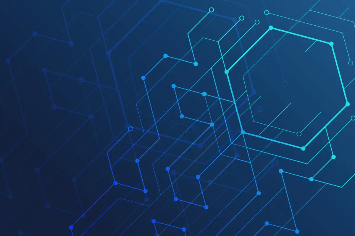 A dark blue abstract background features a network of glowing blue lines and dots, with a prominent hexagon shape on the right.